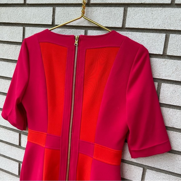Toccin NY Colorblock V-Neck Sheath Dress Fuchsia Orange Sz 8 Repairable Sleeves - Picture 6 of 11